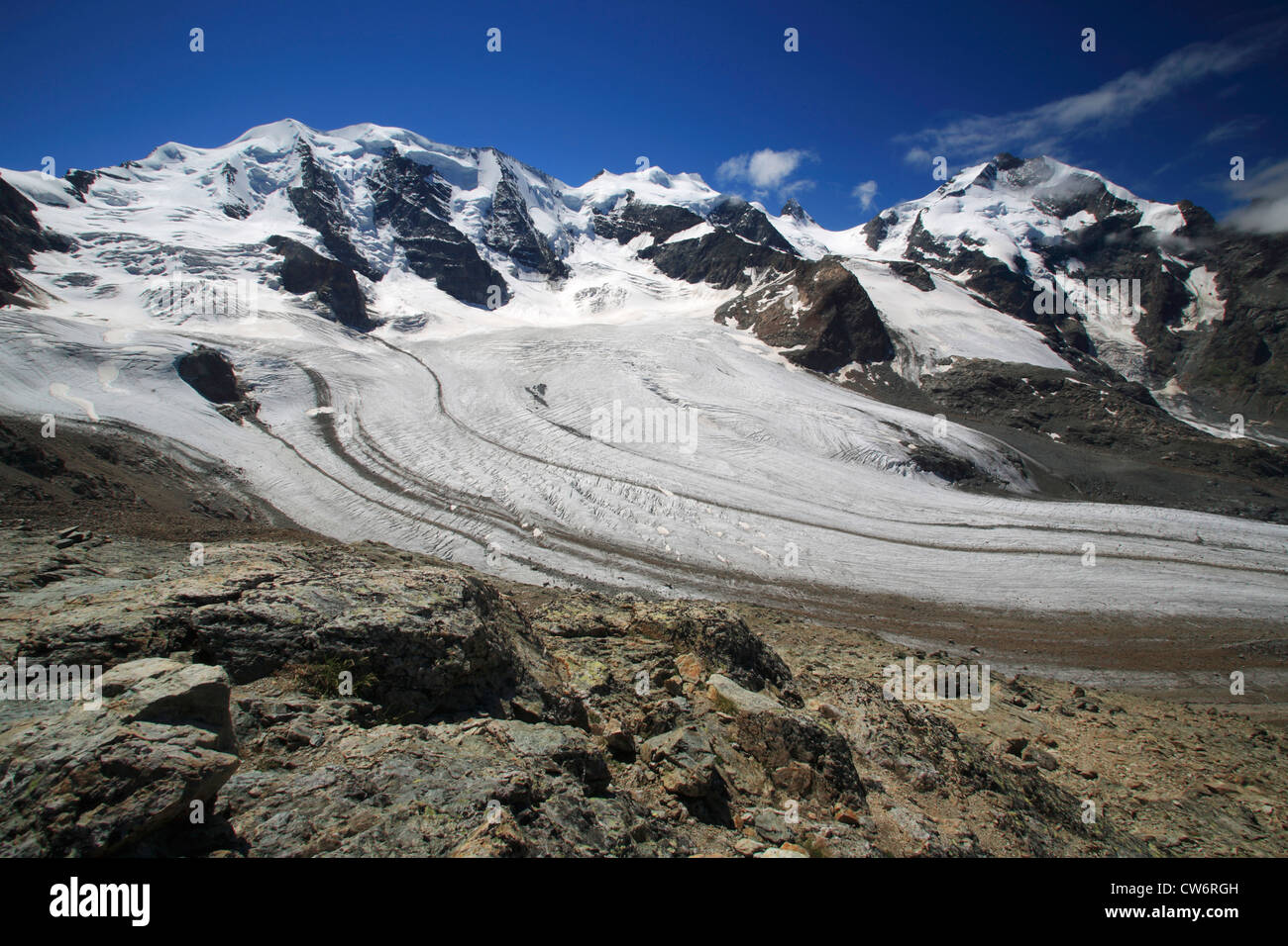 Blick vom Diavolezza auf Piz Palue, Bellavista, Piz Bernina, Pers-Gletscher (Vadret Pers), der Schweiz, Bündner, Engadiner, Bernina-Diavolezza Stockfoto