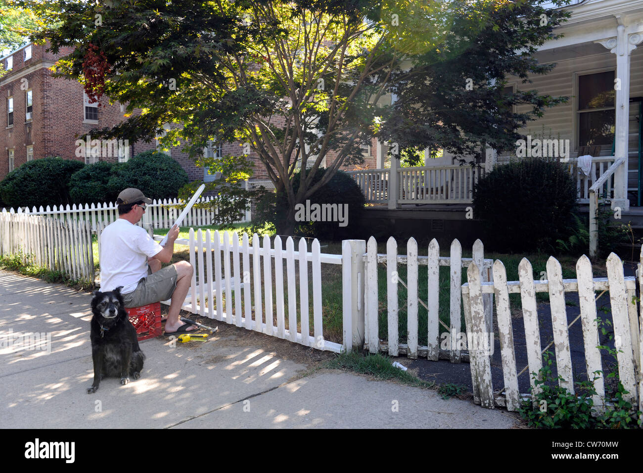 Hausbesitzer Wiederaufbau seiner Zaun auf Orange Street in East Rock Nachbarschaft, New Haven, CT. Stockfoto