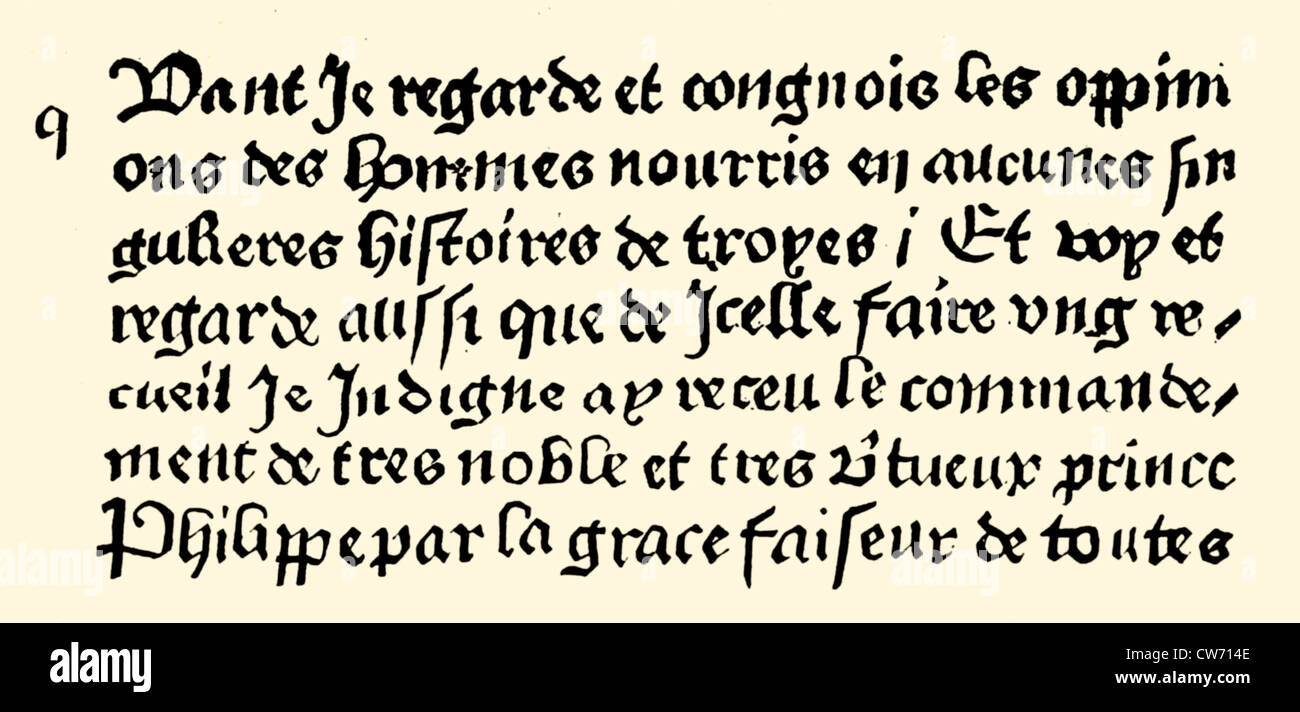 Faksimile der sieben Zeilen aus den Geschichten von Troyes Stockfoto