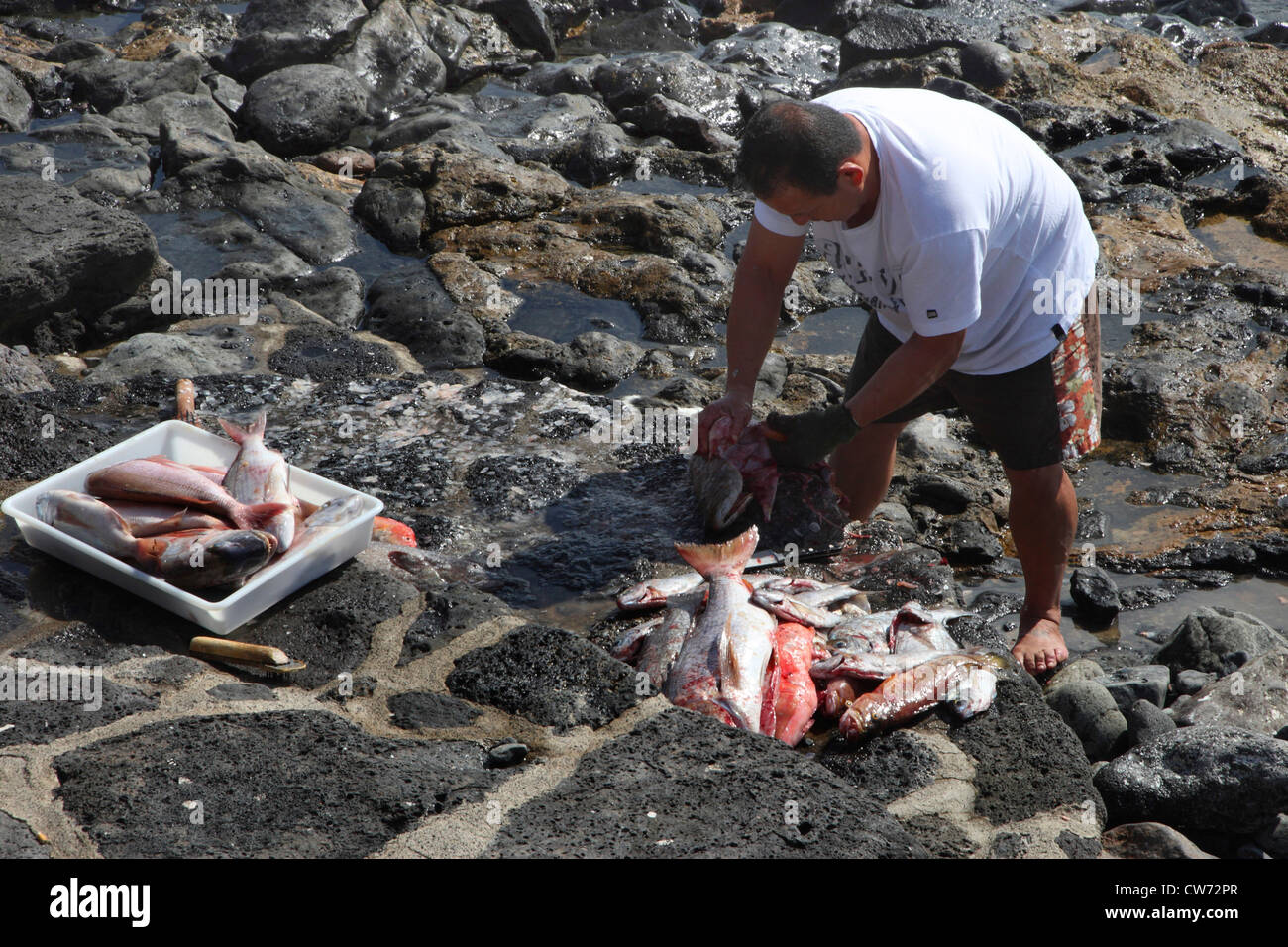 Fischer am Strand von Lanzarote, Kanarische Inseln, Lanzarote Stockfoto