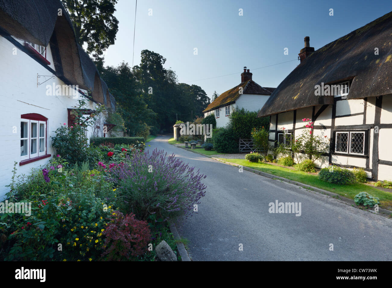 Strohgedeckten Hütten in Wherwell Dorf. Hampshire. England. VEREINIGTES KÖNIGREICH. Stockfoto