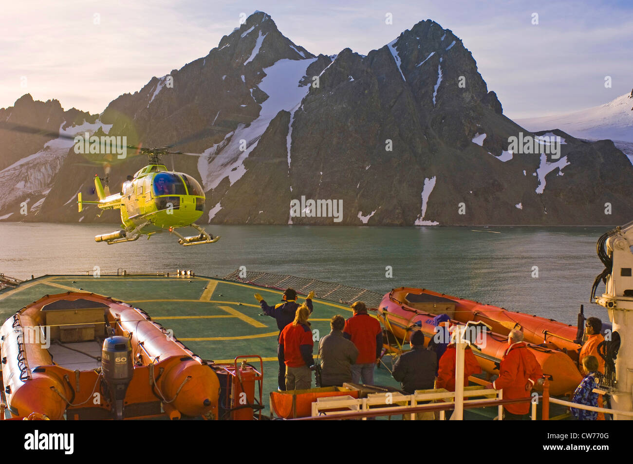 Hubschrauberlandeplätze auf Schiff, Antarktis, Livingston Island Stockfoto