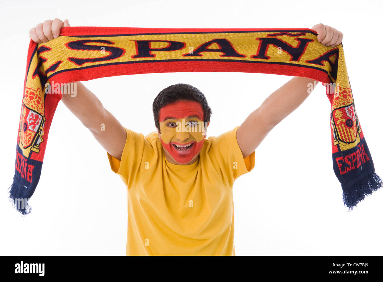 spanische Fußball-Fan mit Fanschal Stockfoto