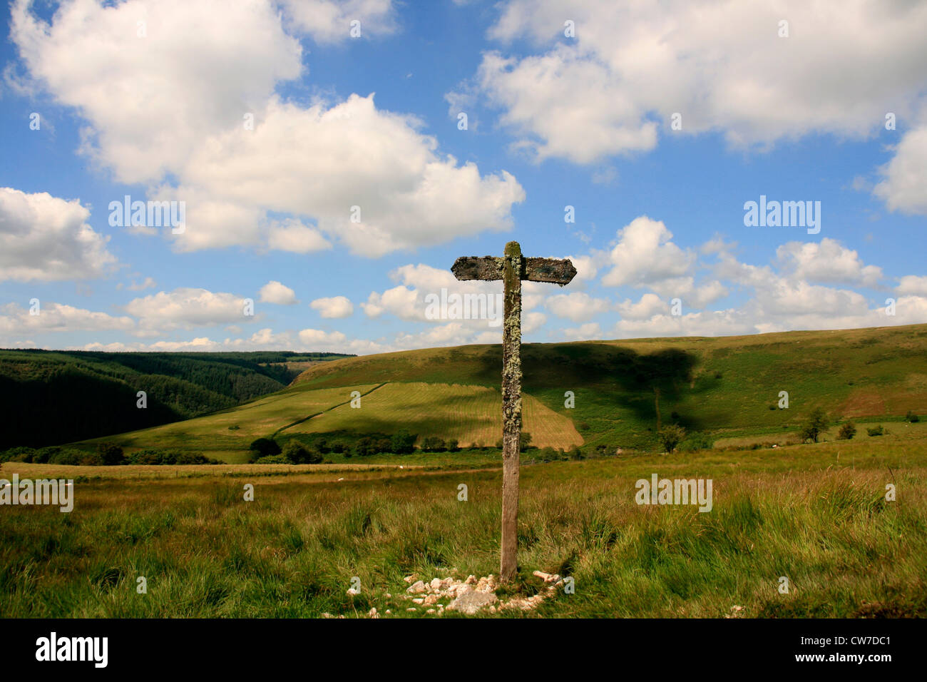 Ein verwitterter öffentlichen Fußweg-Zeichen in den Cambrian Mountains in der Nähe von Llanwrtyd Wells, Powys, Wales Stockfoto