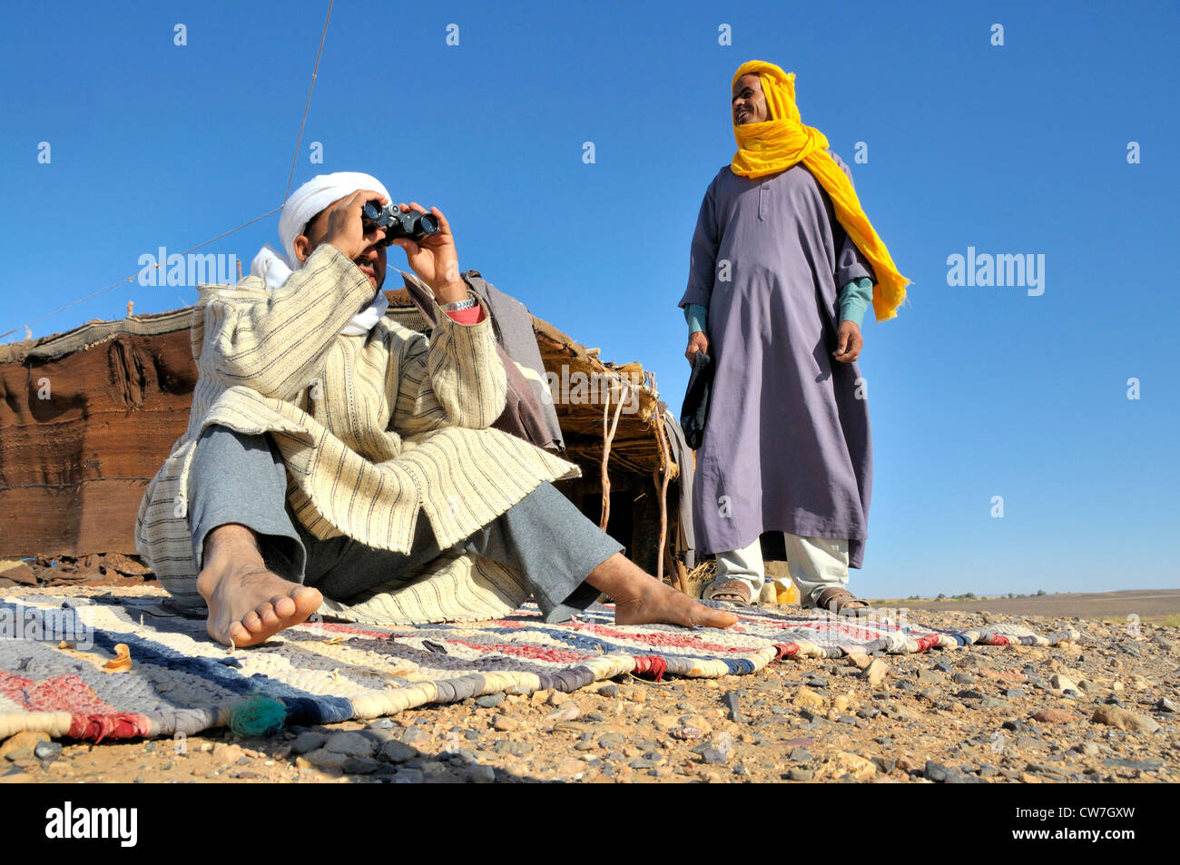 Berber, die Suche mit Fernglas für verlorene Tiere, Marokko, Erg Chebbi, Sahara Stockfoto