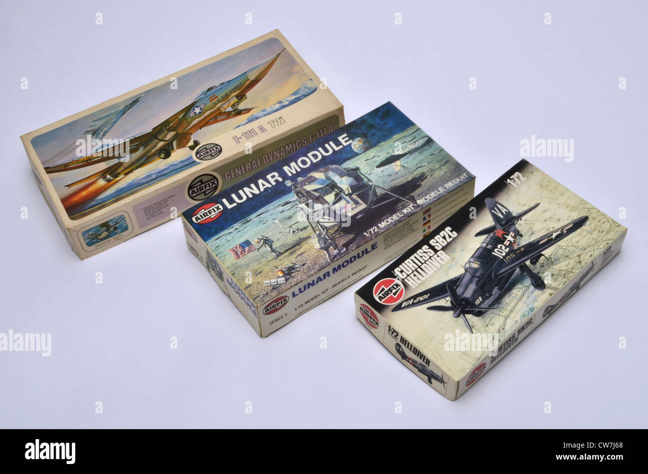 Airfix Bausatz Boxen zeigen verschiedene Kunstwerke Stile verwendet, durch die Anfang der 1970er Jahre zu den späten l980s. Stockfoto
