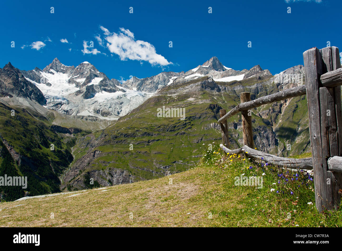 Panoramablick im Sommer der Schweizer Alpen wie gesehen von Sunnegga, Zermatt, Wallis, Schweiz Stockfoto