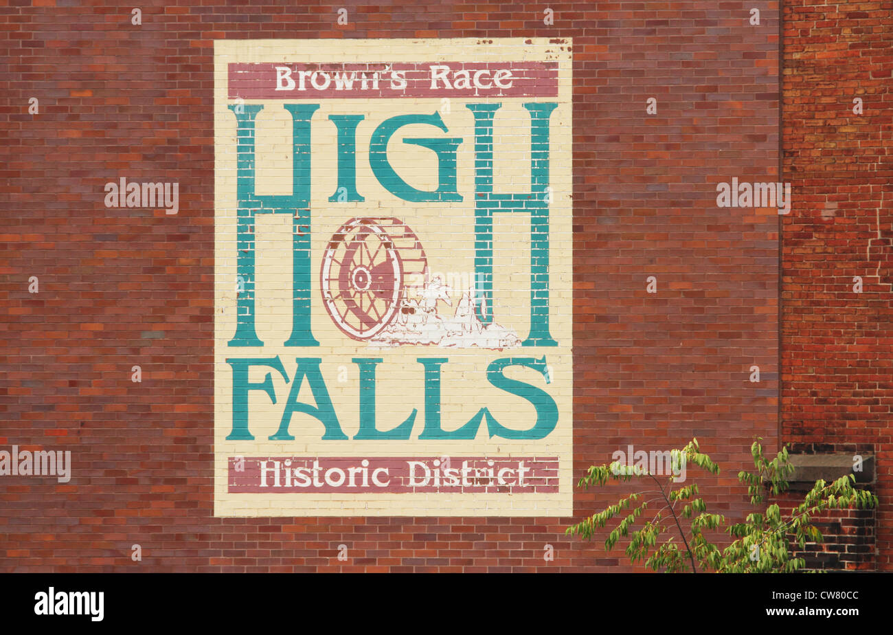 High Falls unterzeichnen in Rochester, New York, USA. Browns historische Wettkampfgebiet. Stockfoto