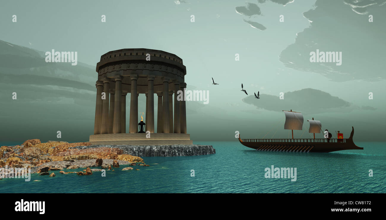 Ein Schiff geht in der Nähe einen schönen griechischen Tempel an der Küste der Insel. Stockfoto