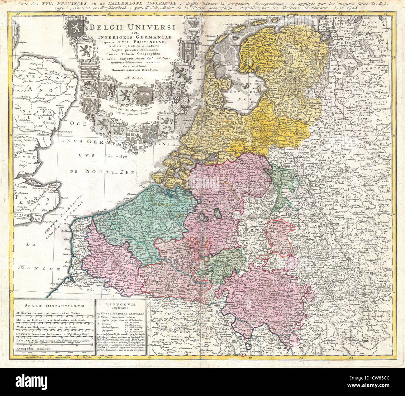 1747 Homann Erben Karte von Belgien und den Niederlanden Stockfoto