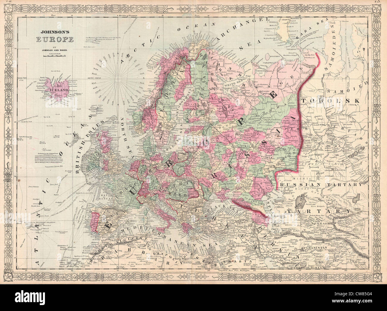 1864 Johnson Europakarte Stockfoto