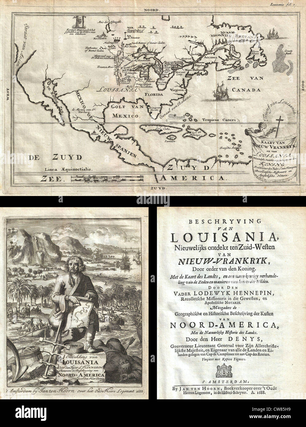 1688 Hennepin erstes Buch und Map of North America (zuerst gedruckt Karte nach Namen Louisiana) Stockfoto