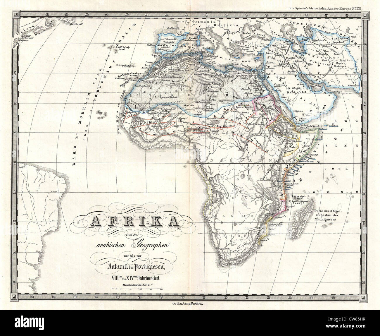 1855 Spruner Karte von Afrika vom 8. bis zum 14. Jahrhundert Stockfoto