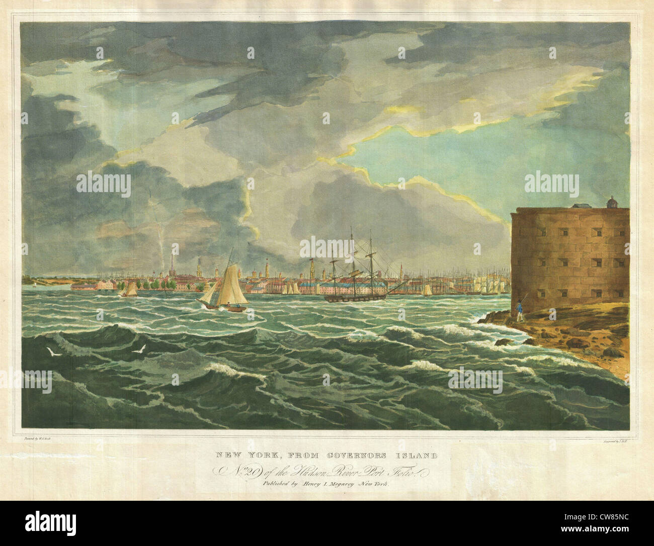 1825 Wand und Blick auf die Hügel von New York City aus dem Hudson River Port-Folio Stockfoto