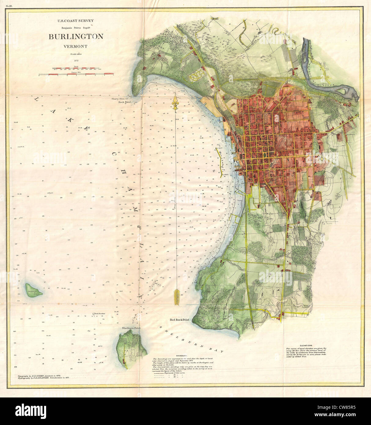 1872-US-Küste Übersichtskarte von Burlington, Vermont Stockfoto