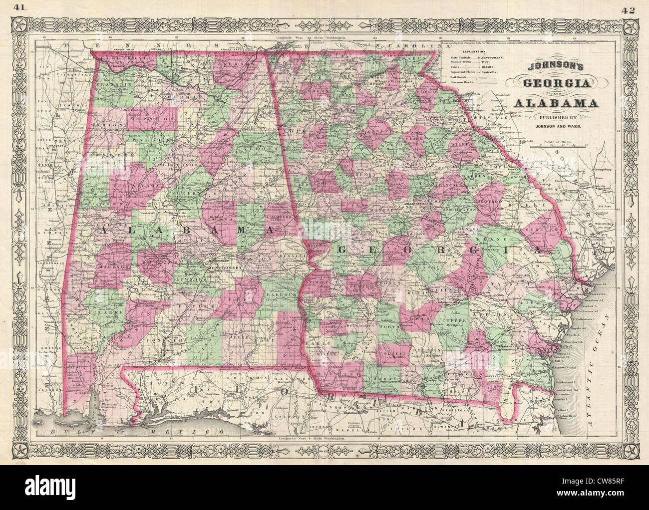 1865 Johnson Karte von Georgia und Alabama Stockfoto