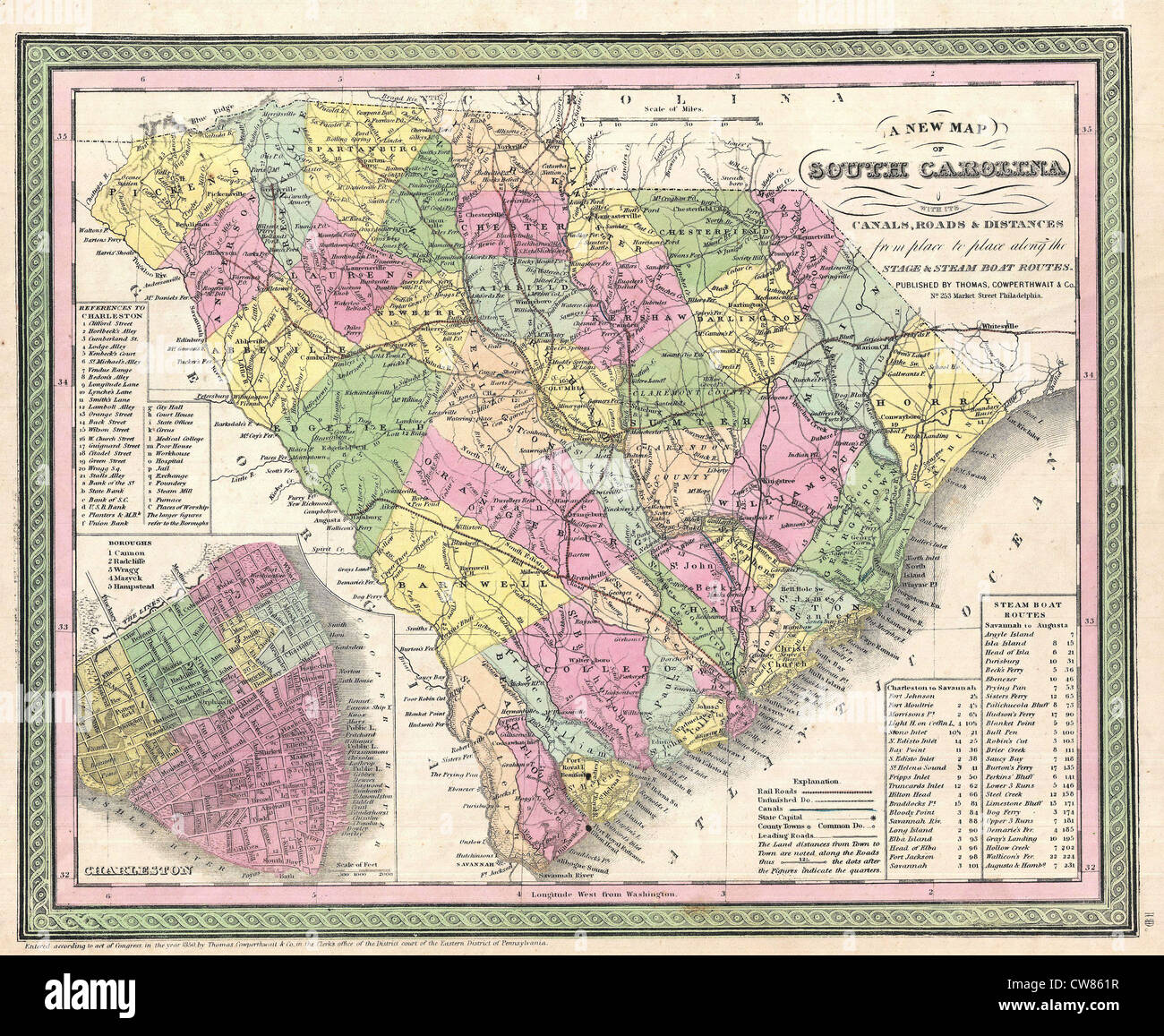 1850 Mitchell-Karte von South Carolina mit Charleston-Einschub Stockfoto