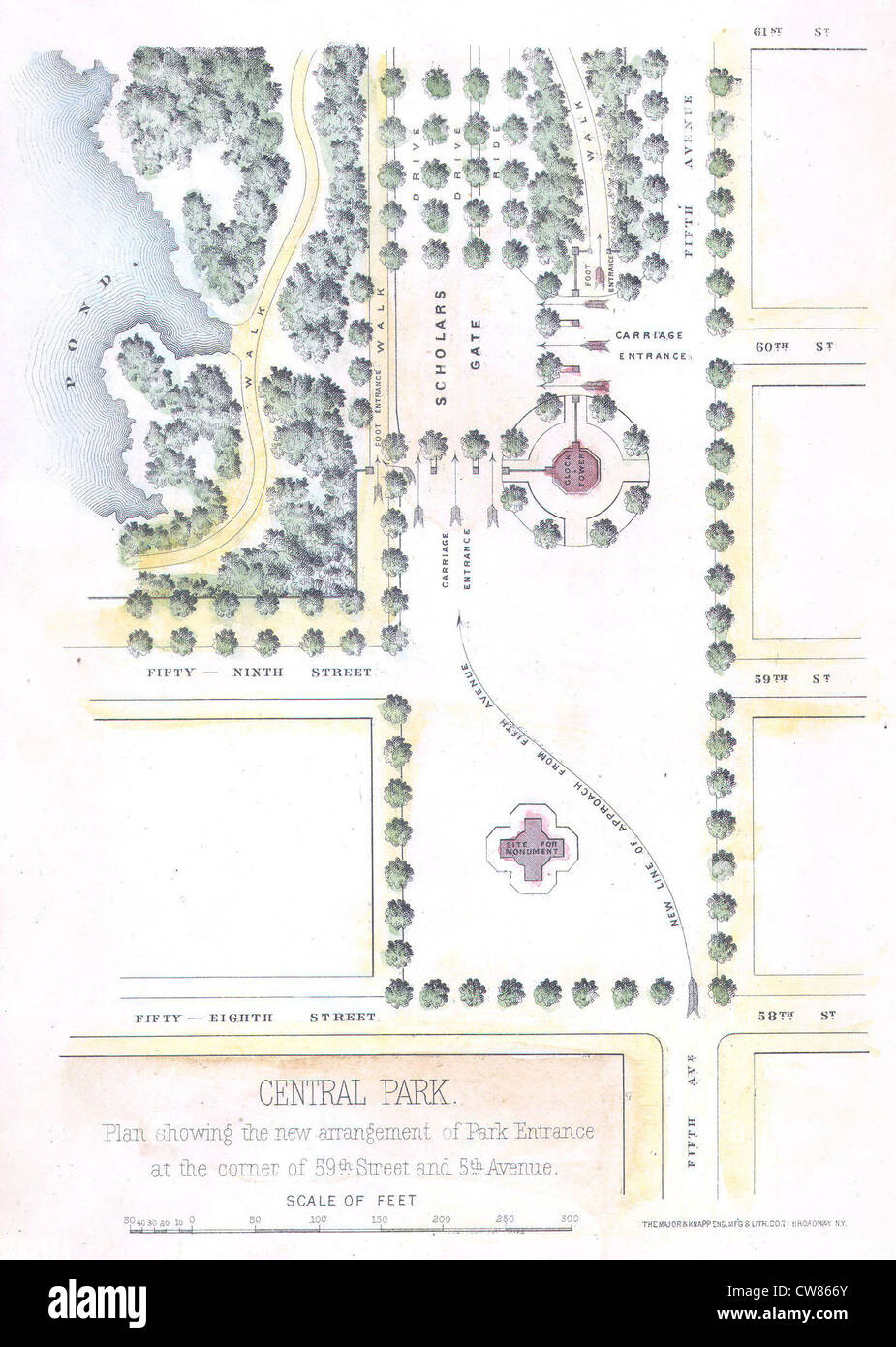1869 Knapp Karte von der südöstlichen Ecke von New York City Central Park (Grand Army Plaza) Stockfoto