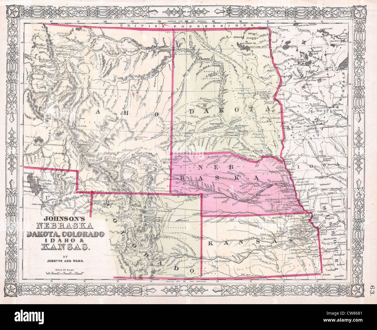 1863 Johnson Karte von Colorado, Dakota, Idaho, Nebraska ^ Kansas Stockfoto