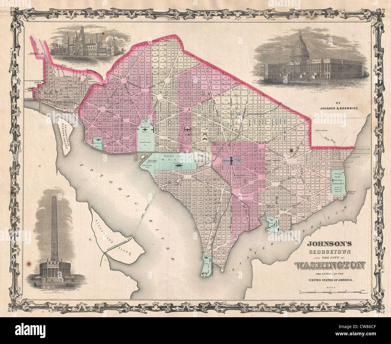 1861 Johnson-Karte von Washington D.C. und Georgetown Stockfoto
