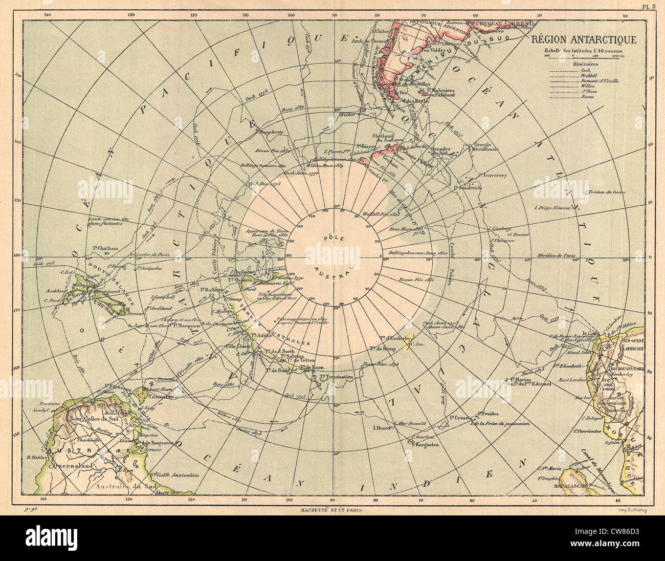 1890 Hachette Karte der Antarktis- Stockfoto