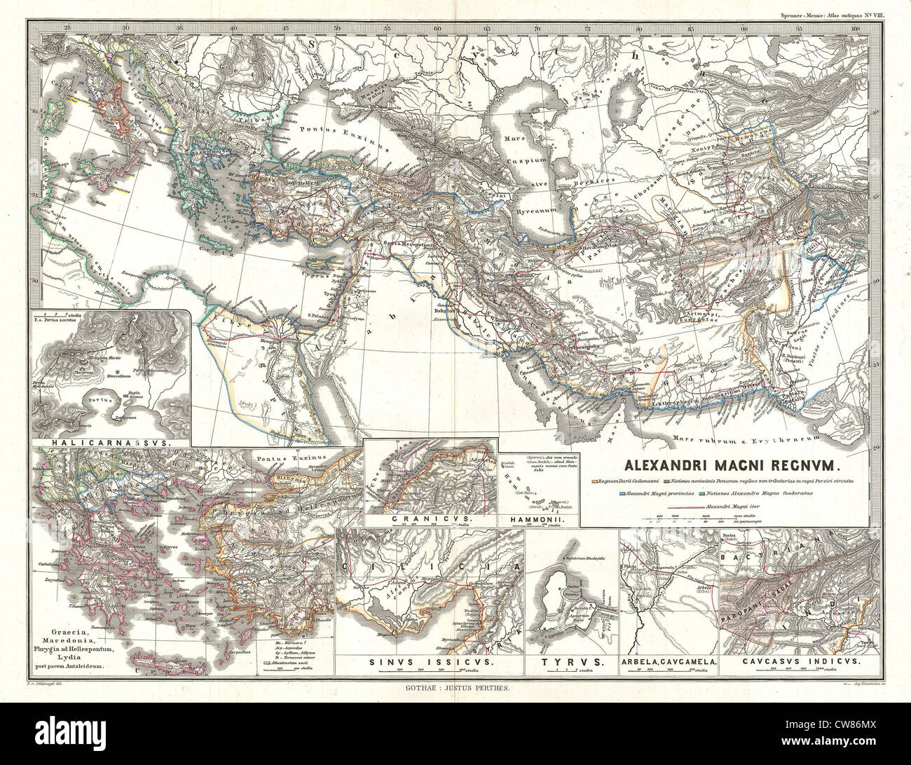 1854 Spruner Karte des Reiches von Alexander dem großen Stockfoto