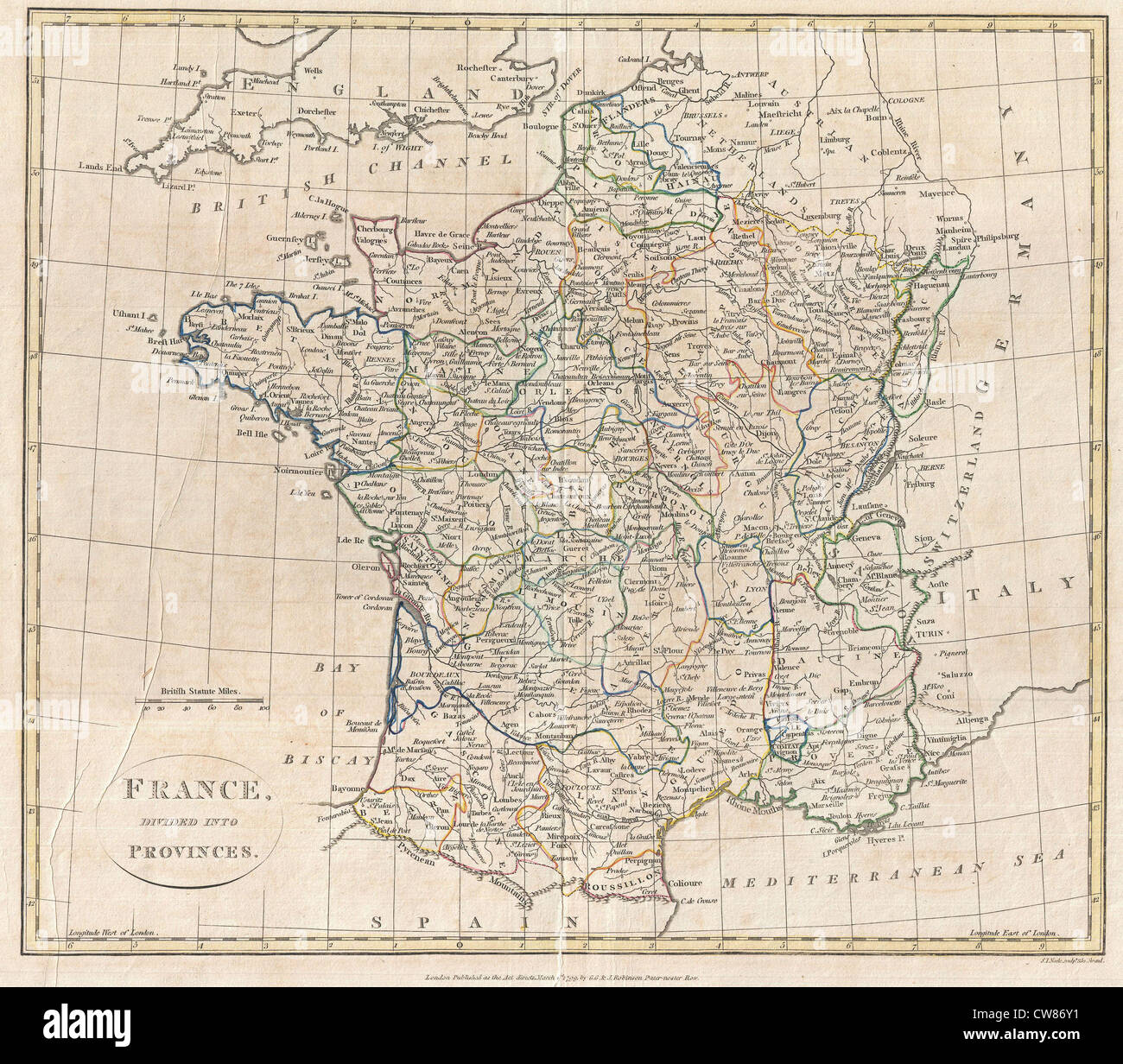 Die Clement Cruttwell Map of France in Provinces von 1799 ist eine antike Karte, die die territoriale Aufteilung Frankreichs in Provinzen am Ende des 18. Jahrhunderts zeigt. Das vom Kartografen Clement Cruttwell geschaffene Modell bietet eine historische Perspektive auf die französischen Verwaltungsgrenzen vor der Revolution von 1789. Stockfoto