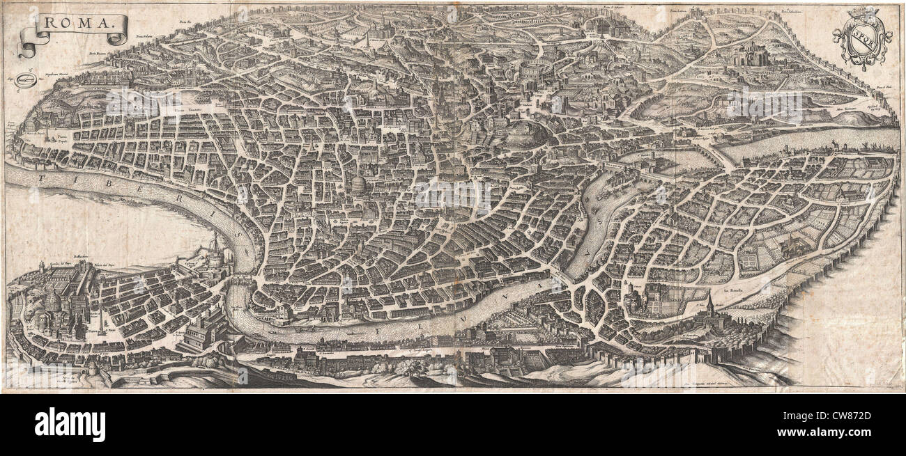 Panoramablick auf der 1652 Merian oder Karte von Rom, Italien Stockfoto