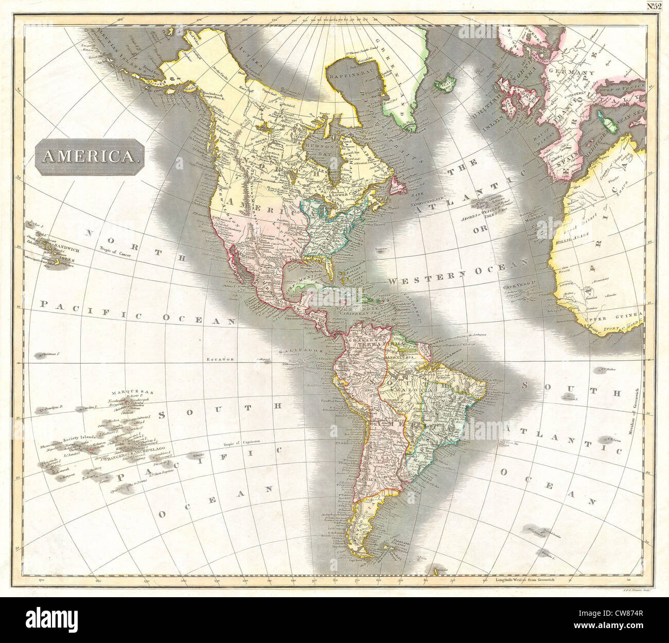 Die Thomson Map of Nord- und Südamerika von 1814 ist eine antike Karte, die die Geographie Amerikas während des frühen 19. Jahrhunderts beleuchtet. Die Karte bietet historische Einblicke in die politischen Grenzen, Städte und wichtigsten geografischen Merkmale beider Kontinente. Stockfoto