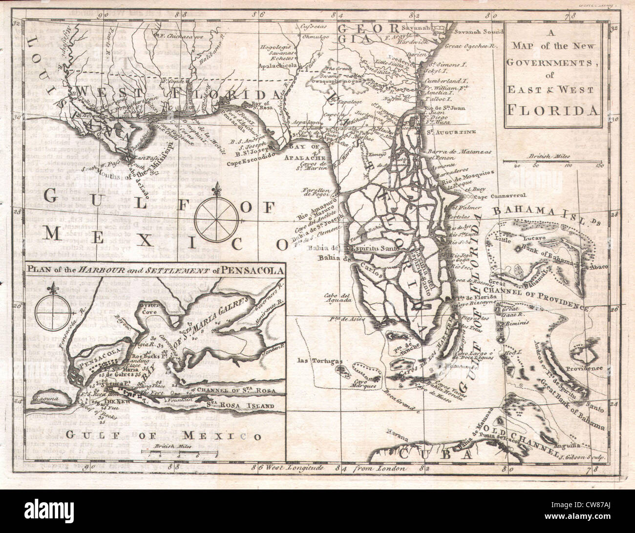 1763 Gibson Karte von Ost und West Florida Stockfoto