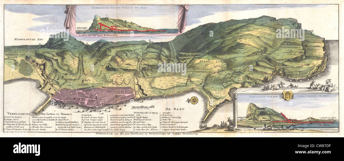 1720 De La Feuille Karte und Blick auf Gibraltar Stockfoto