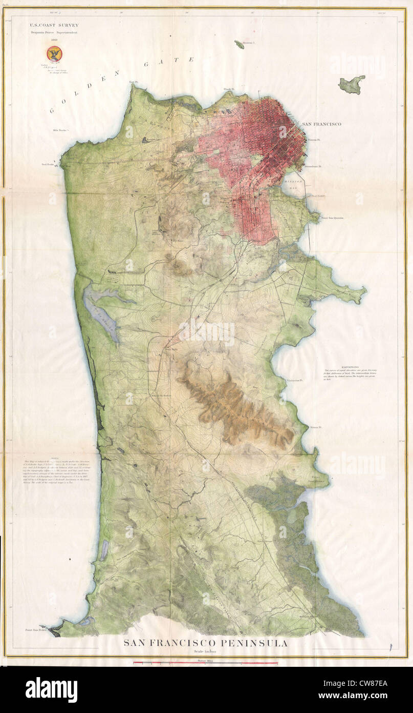 1869 U.S.C.S. Karte von der Halbinsel von San Francisco Stockfoto