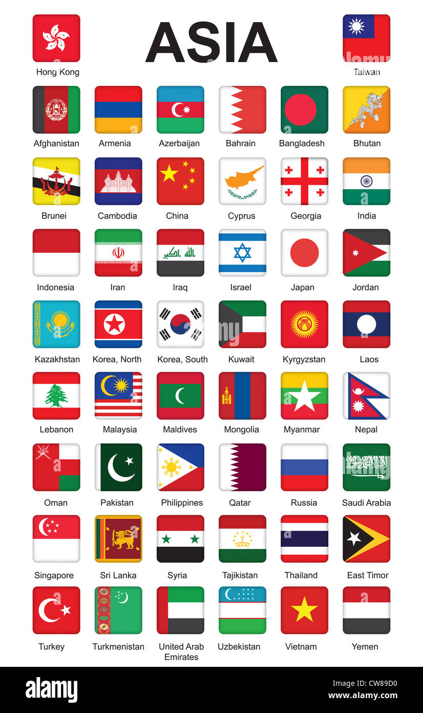 Drucktaster mit Fahnen der Asia Abbildung eingestellt Stockfoto