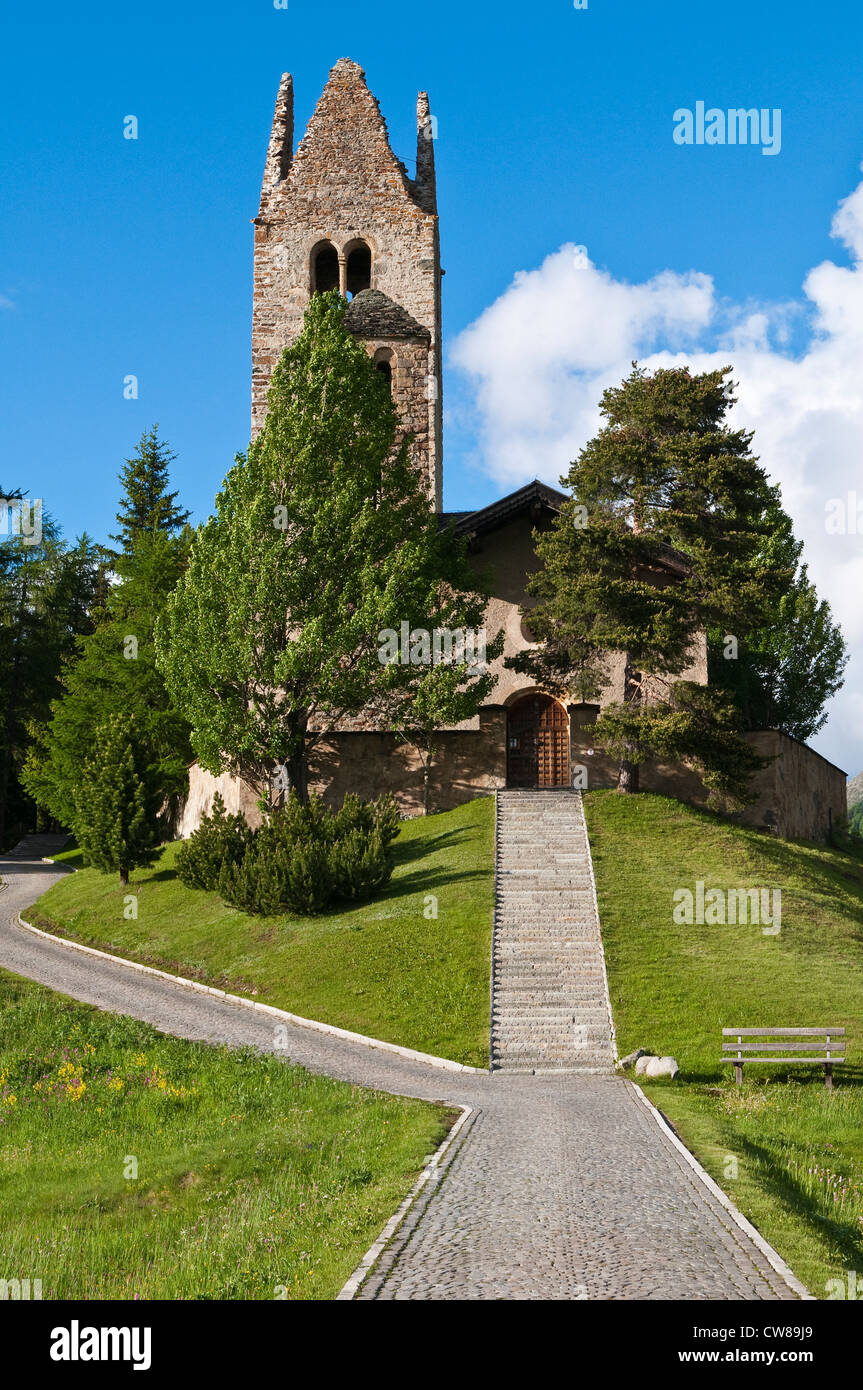 Celerina, Schweiz. Kirche San Gian Kirche. Stockfoto