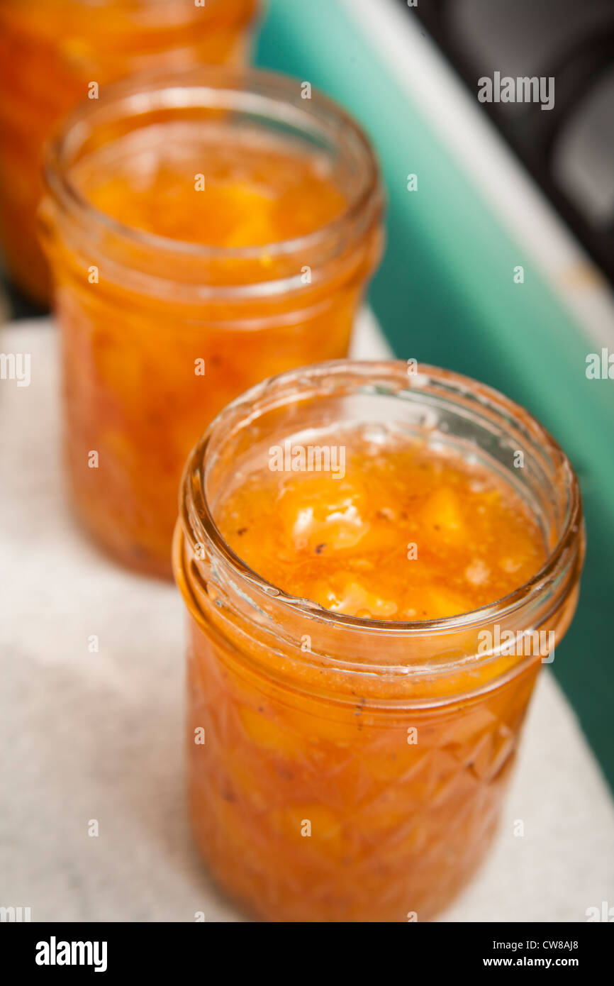 Füllen der Gläser von zu Hause aus der Dose Pfirsichmarmelade. Stockfoto