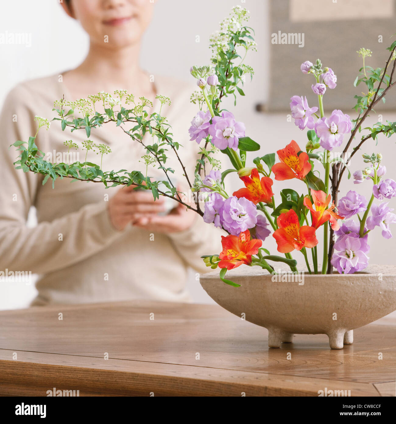 Blumen In Blumentopf mit Frau im Hintergrund Stockfoto