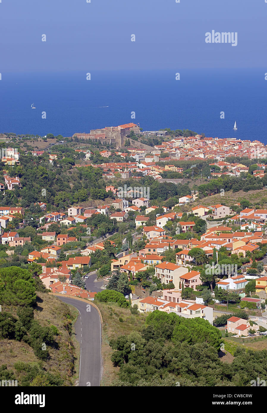 Ansicht von Collioure, Vermilion Küste und Meer, Frankreich Stockfoto