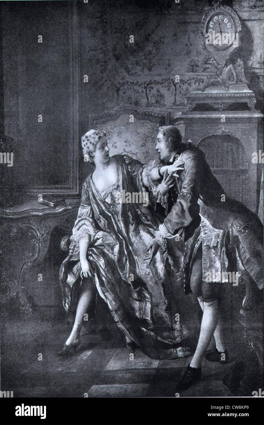 Kupferstich von Jean-François de Troy, das freistehende Strumpfband Stockfoto