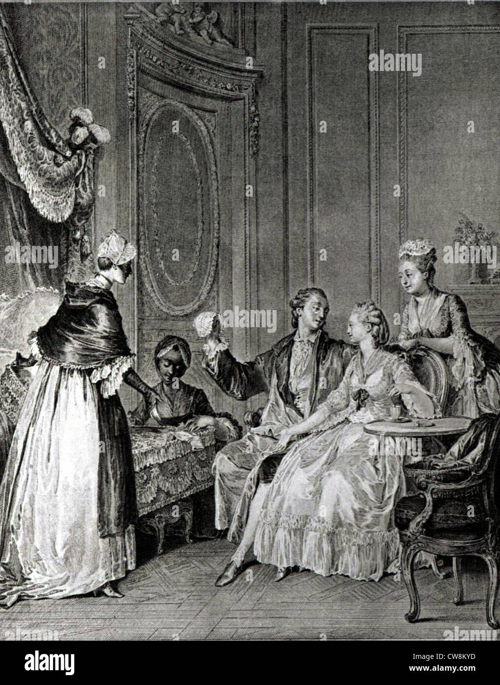 Kupferstich von Jean Moreau, genannt Moreau der jüngere, Genre-Szene Stockfoto