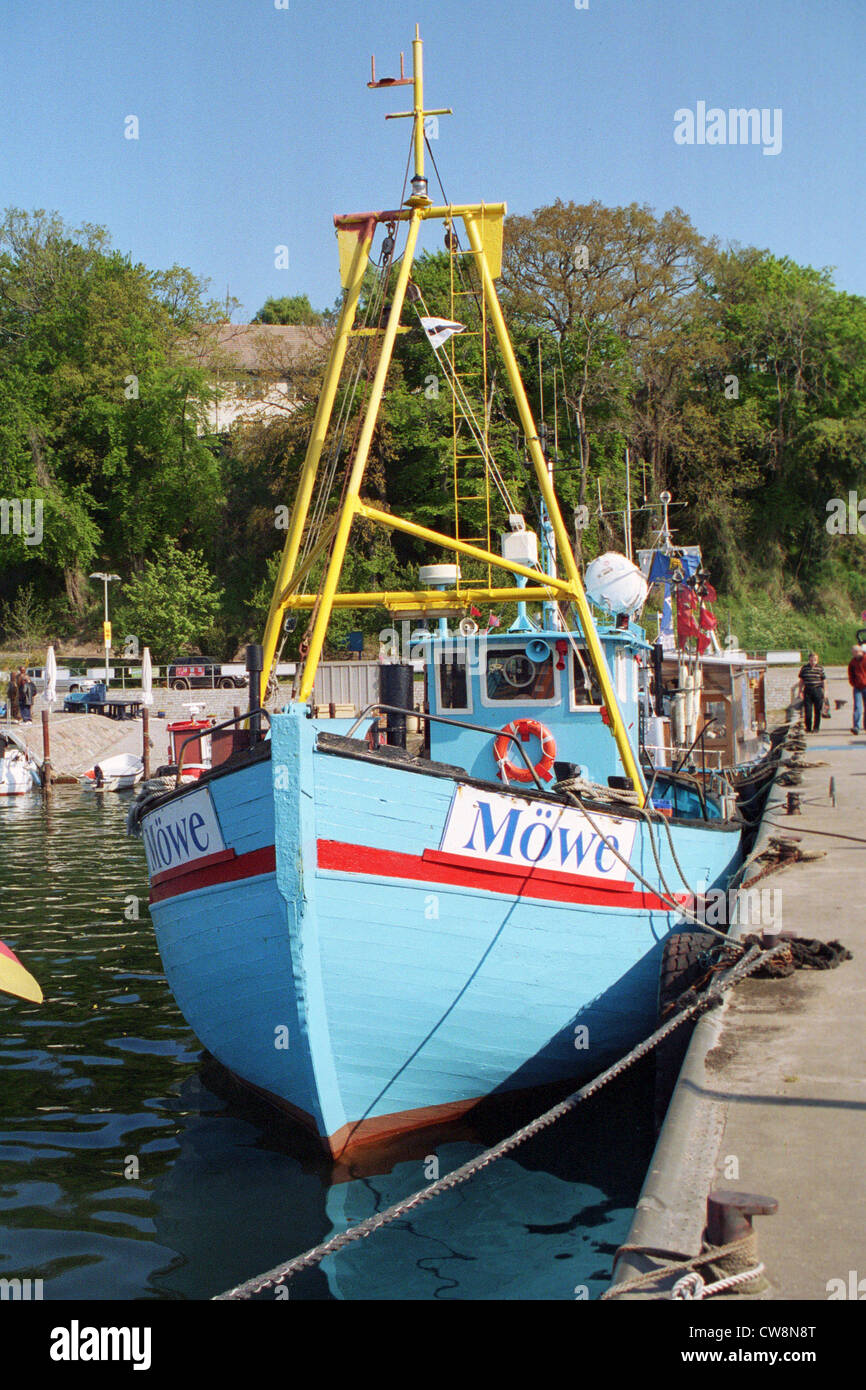 Sassnitz, das Fischerboot in der Stadt-Hafen-Möwe Stockfoto