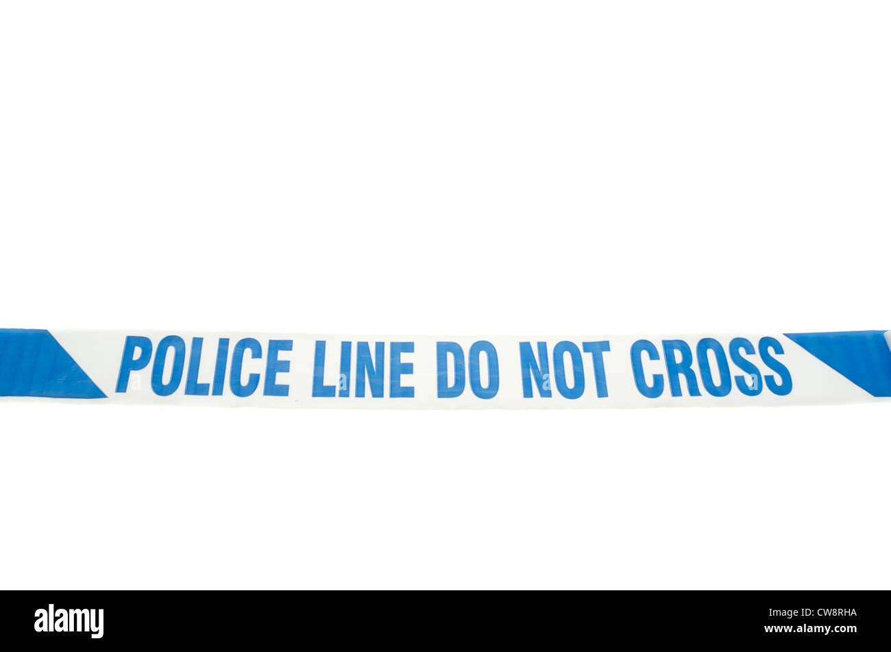 "Polizeiabsperrung kreuzen nicht" Band erstreckte sich über einen weißen Hintergrund. Stockfoto