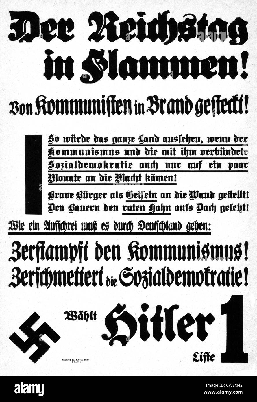 Propaganda Plakat Berufung, Hitler zu stimmen, nach dem Brennen Reichstag Stockfoto