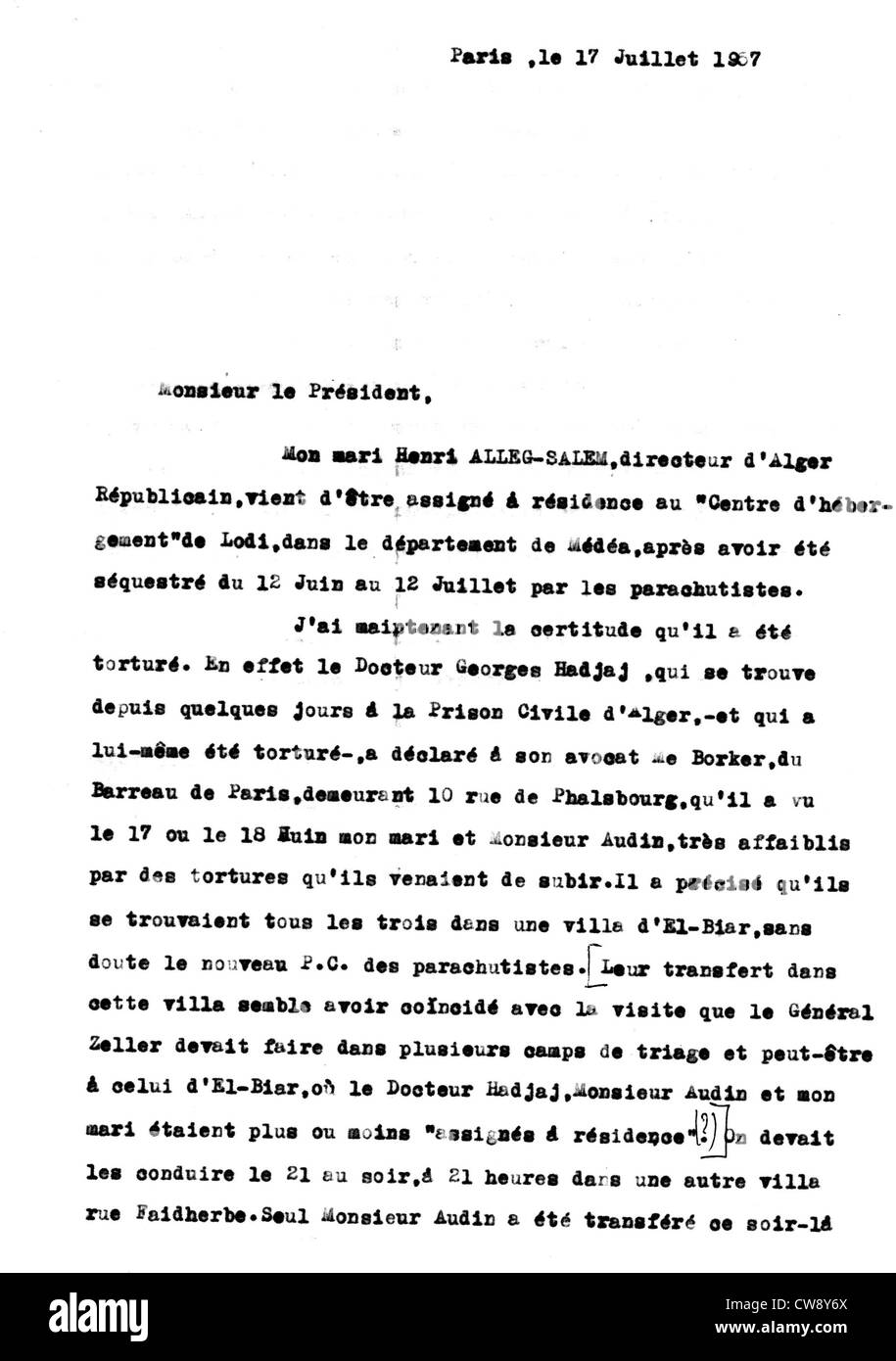 Brief von Giberte Alleg zum französischen Staatspräsidenten nach der Verhaftung ihres Mannes Maurice Audin Stockfoto