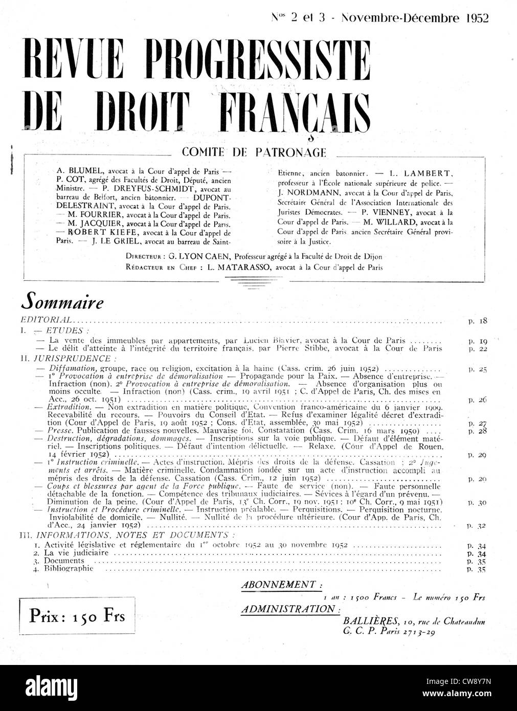 Seite 1 Nr. 2 & 3 "Revue Progressiste de Droit Français" Stockfoto