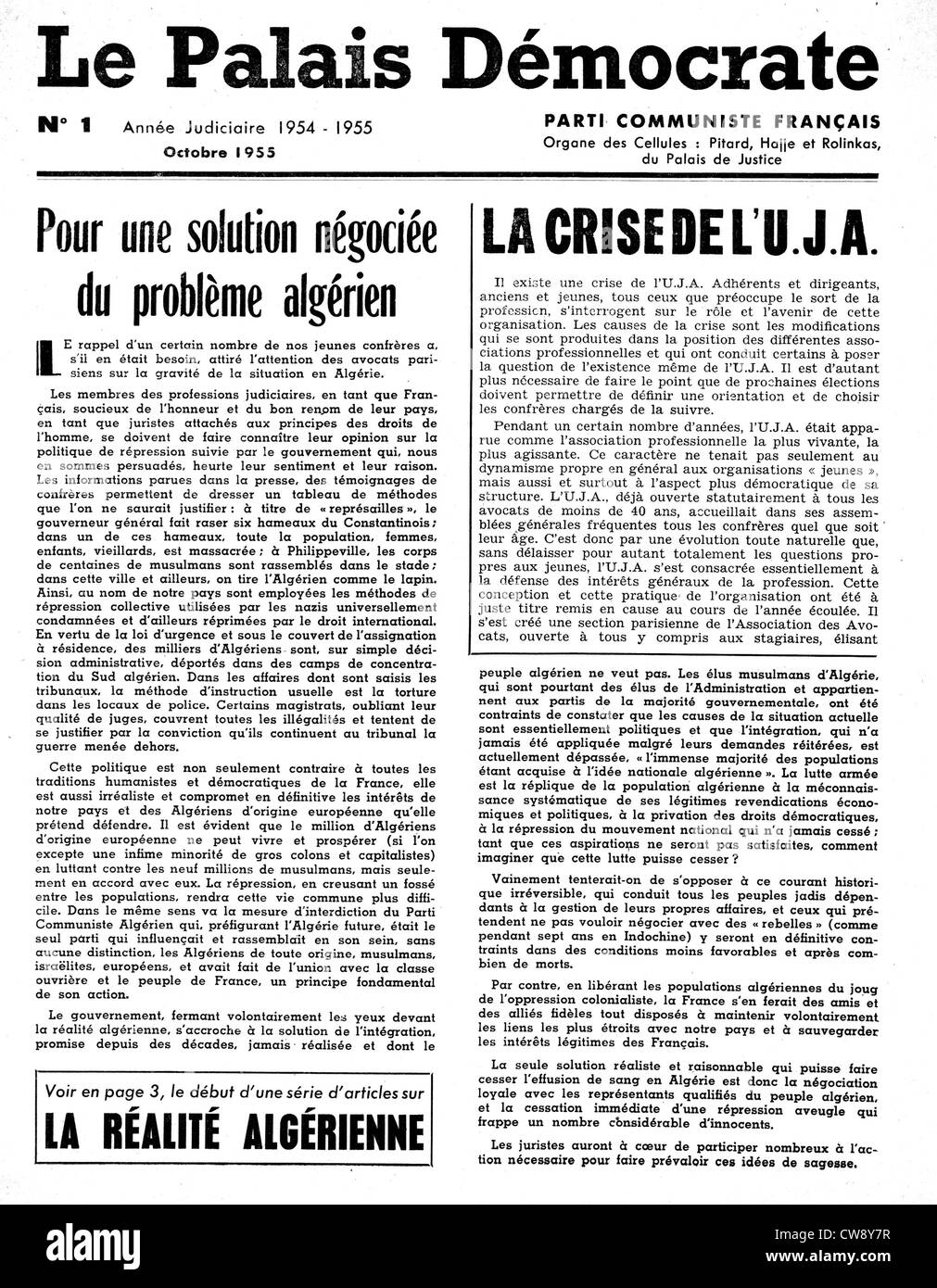 Magazin französische kommunistische Partei "Le Palais Démocrate" Nr. 1 Metastadt Ereignisse in Algerien Stockfoto