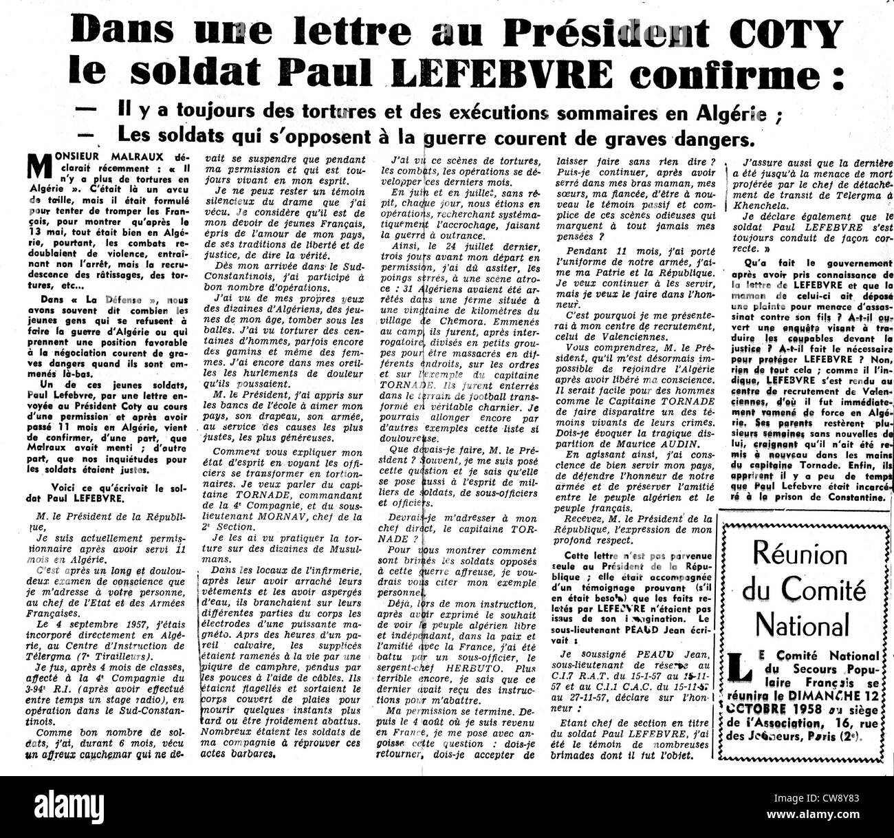 Artikel in der Zeitung "La Défense" über Paul Lefebvre Wehrdienstverweigerer Stockfoto