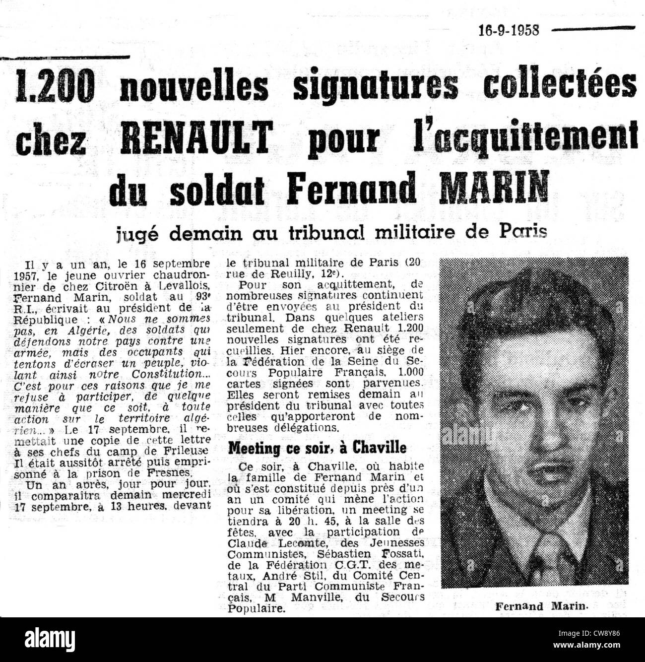 Artikel in der Zeitung "L ' Humanité" über Fernand Marin Wehrdienstverweigerer Stockfoto