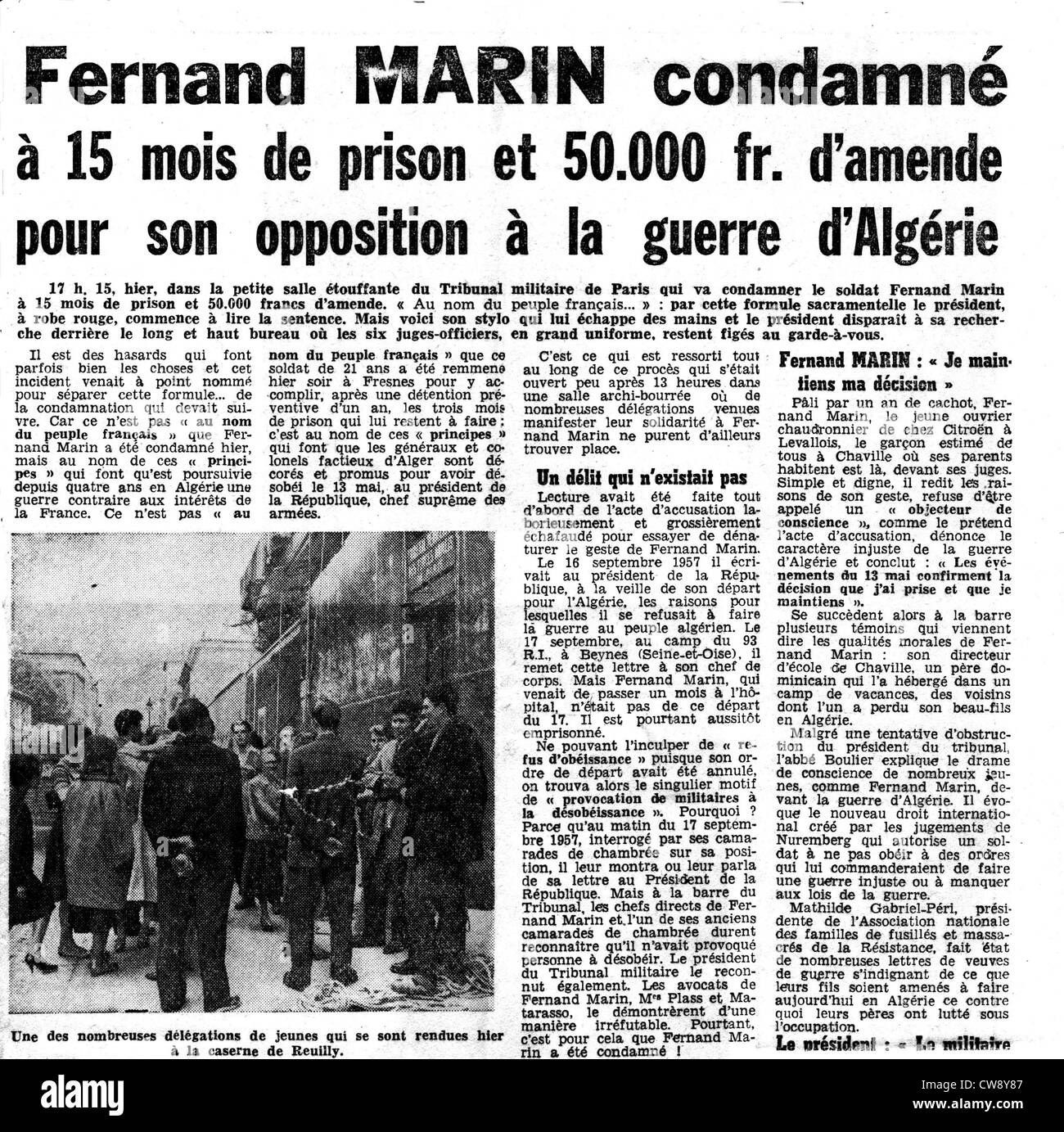 Artikel in der Zeitung "L ' Humanité" über Fernand Marin Wehrdienstverweigerer Stockfoto