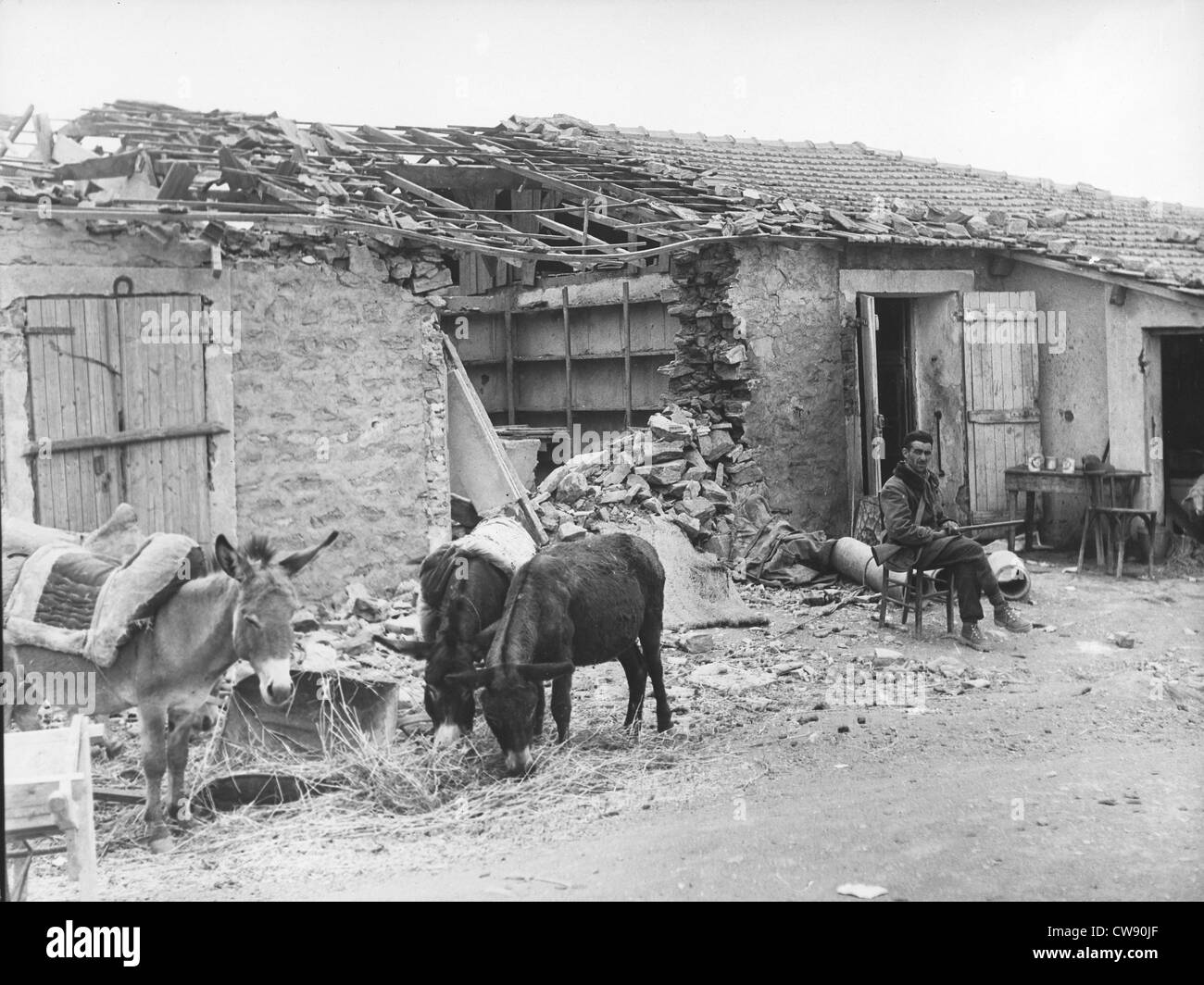 Ein Dorf in Schutt und Asche während Krieg in Algerien (1956) Stockfoto