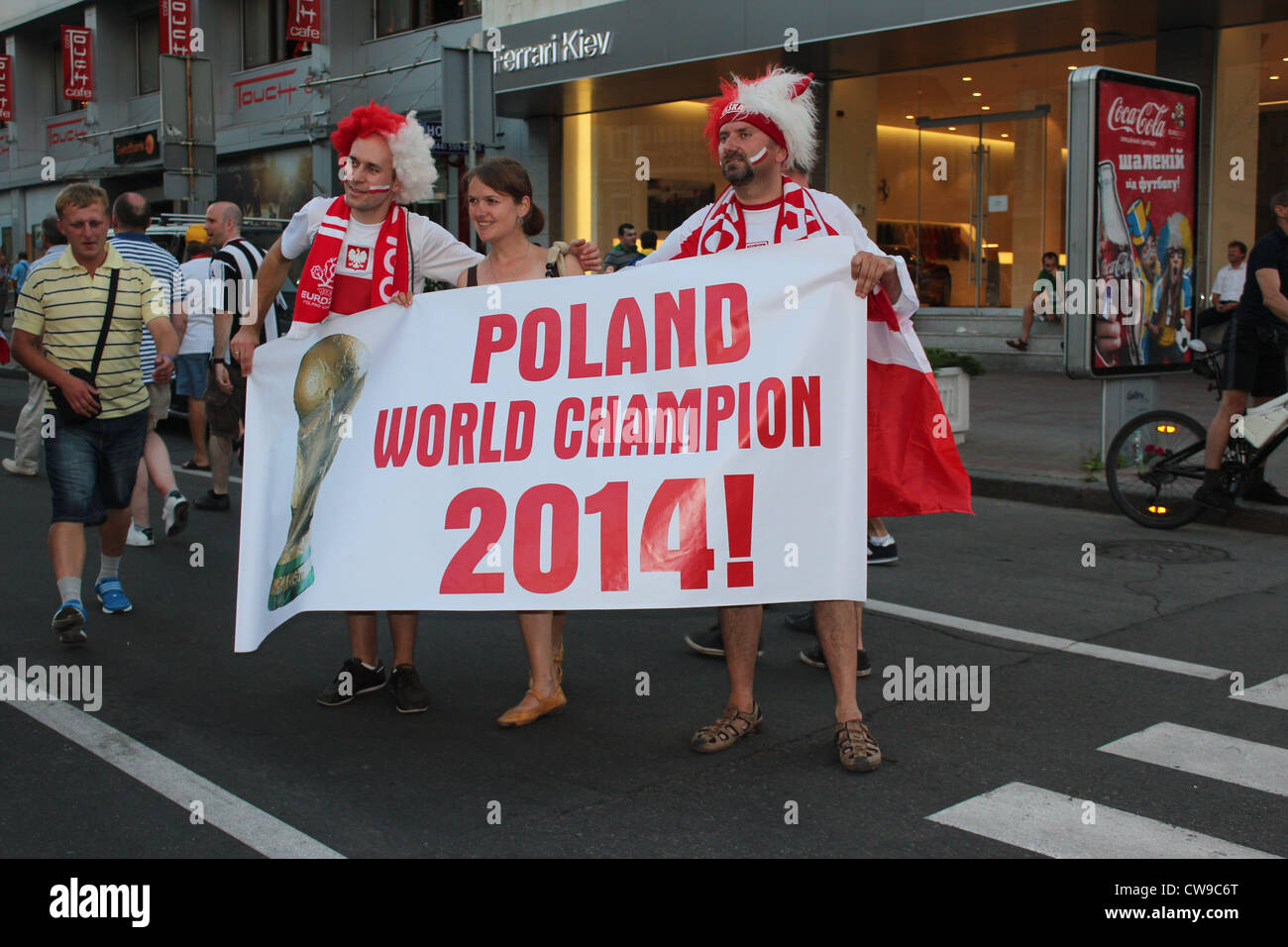Polen-Fans-Banner "Polen Welt Chapmion 2014". Endgültige. Kiew, Ukraine, Fußball-Europameisterschaft 2012 Stockfoto